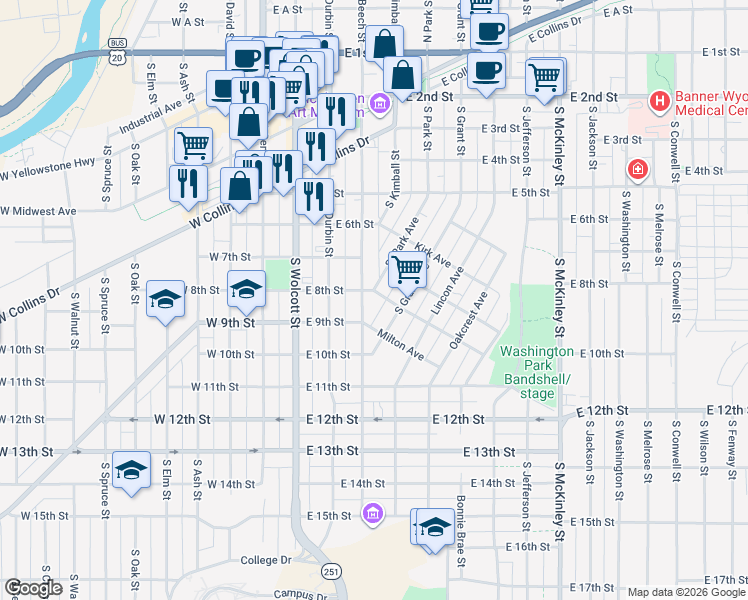 map of restaurants, bars, coffee shops, grocery stores, and more near 421 Divine Avenue in Casper