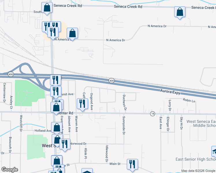 map of restaurants, bars, coffee shops, grocery stores, and more near 102 Cathedral Drive in Buffalo