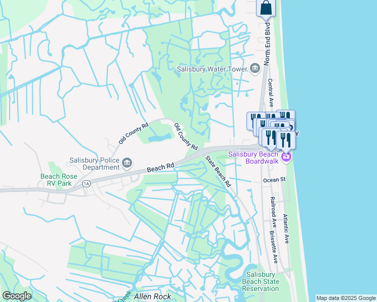 map of restaurants, bars, coffee shops, grocery stores, and more near 47 Old County Road in Salisbury