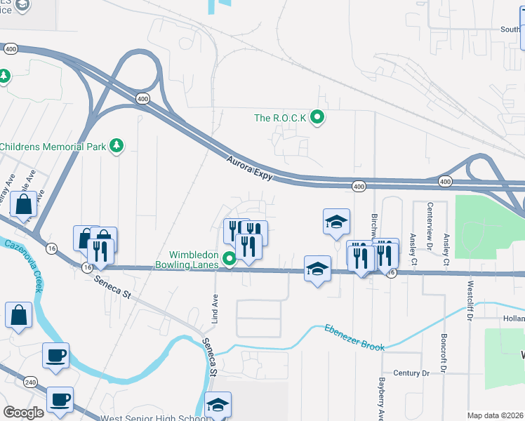 map of restaurants, bars, coffee shops, grocery stores, and more near 329 Wimbledon Court in West Seneca