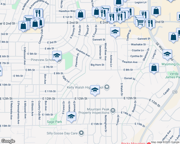 map of restaurants, bars, coffee shops, grocery stores, and more near 3501 East 8th Street in Casper
