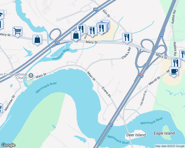 map of restaurants, bars, coffee shops, grocery stores, and more near 1 Clark's Road in Amesbury