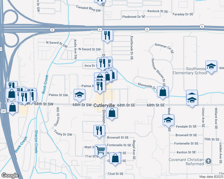 map of restaurants, bars, coffee shops, grocery stores, and more near 6700 Brad Avenue Southeast in Grand Rapids