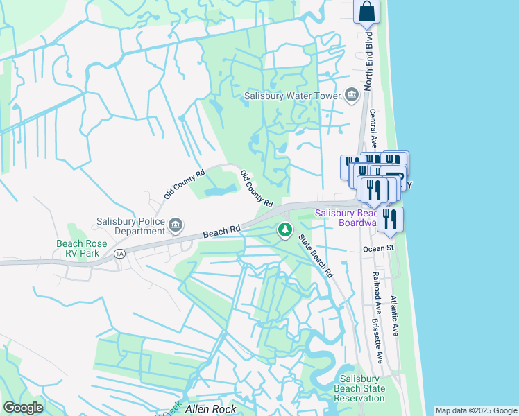 map of restaurants, bars, coffee shops, grocery stores, and more near 47 Old County Road in Salisbury