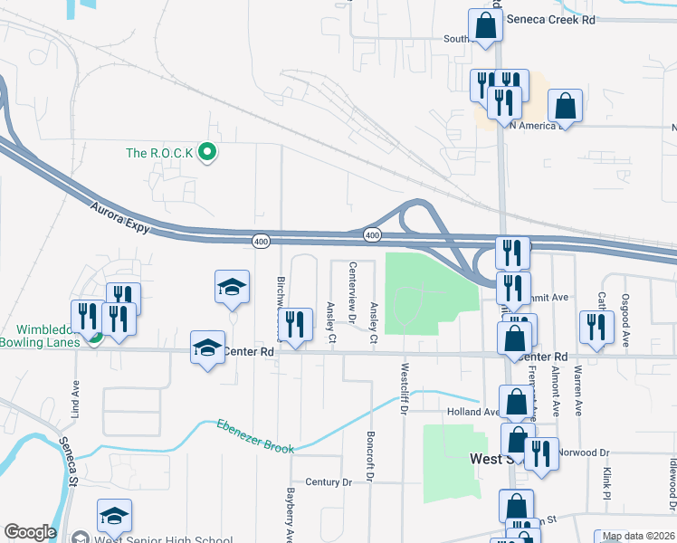 map of restaurants, bars, coffee shops, grocery stores, and more near 126 Ansley Court in Buffalo