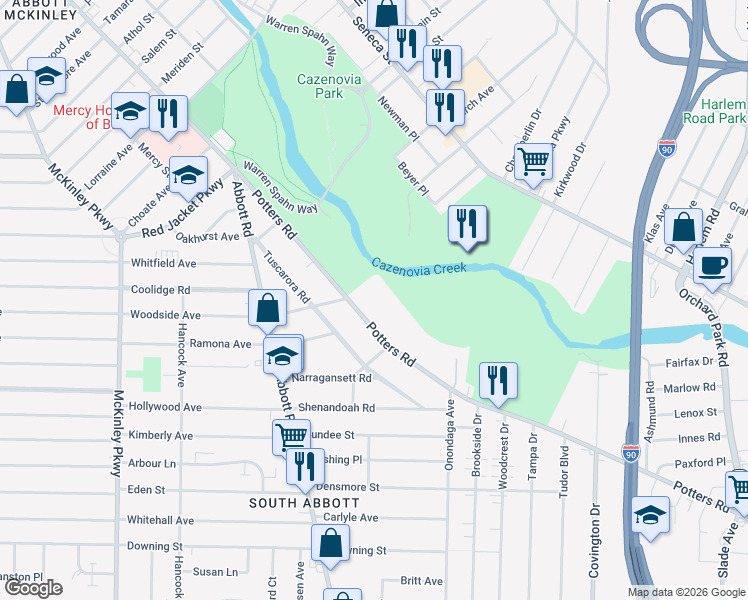 map of restaurants, bars, coffee shops, grocery stores, and more near 198 Potters Road in Buffalo