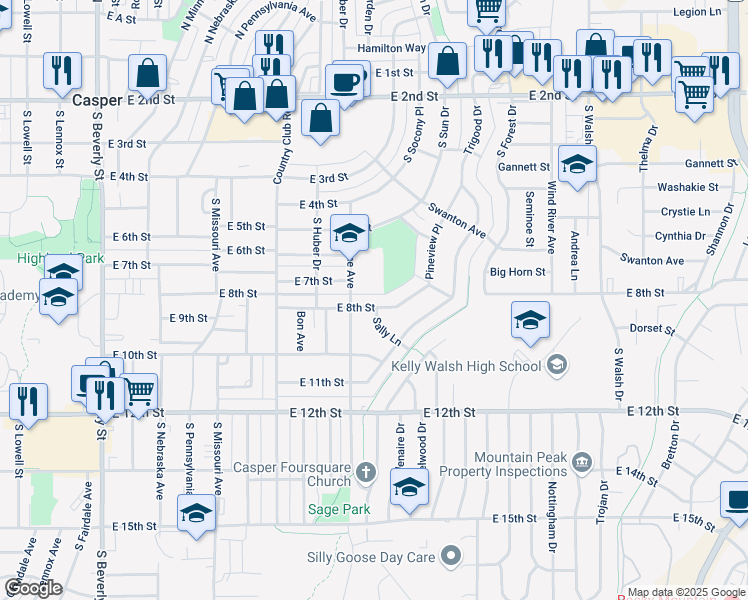 map of restaurants, bars, coffee shops, grocery stores, and more near 3118 East 8th Street in Casper