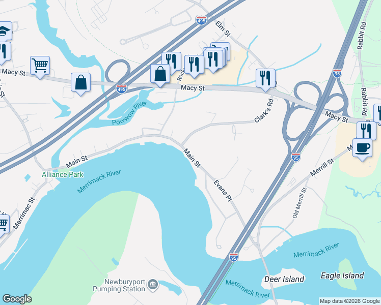 map of restaurants, bars, coffee shops, grocery stores, and more near 460 Main Street in Amesbury