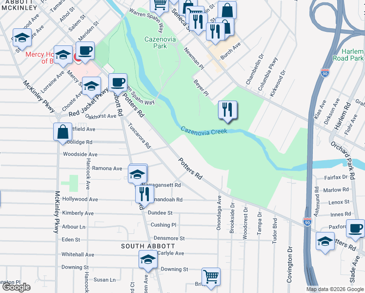 map of restaurants, bars, coffee shops, grocery stores, and more near 198 Potters Road in Buffalo