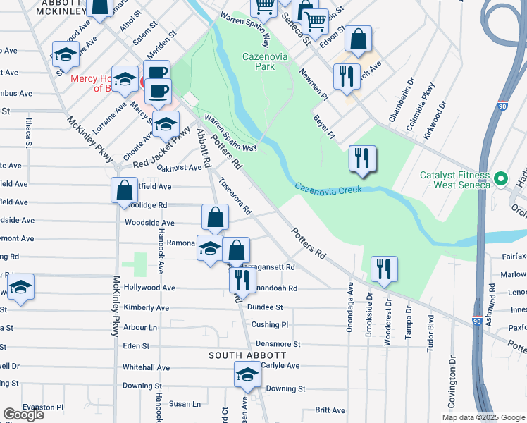 map of restaurants, bars, coffee shops, grocery stores, and more near 472 Woodside Avenue in Buffalo