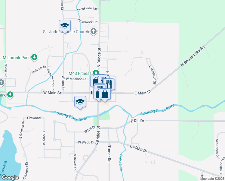 map of restaurants, bars, coffee shops, grocery stores, and more near 210 East Jefferson Street in DeWitt