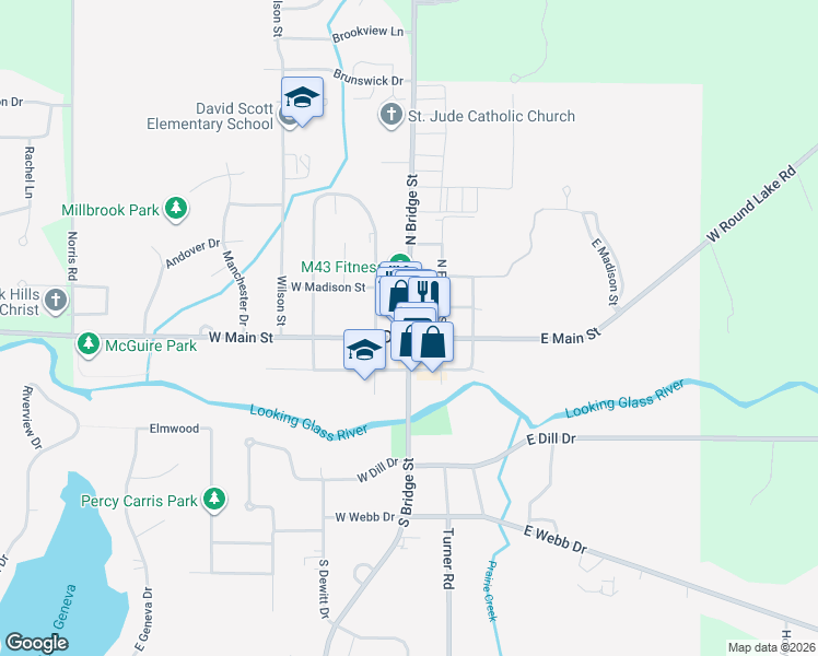 map of restaurants, bars, coffee shops, grocery stores, and more near 116 North Bridge Street in DeWitt