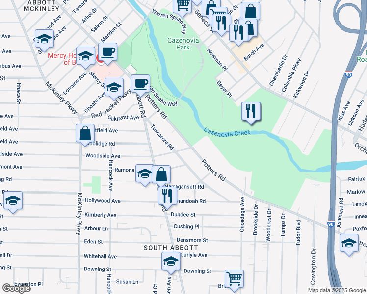 map of restaurants, bars, coffee shops, grocery stores, and more near 198 Potters Road in Buffalo