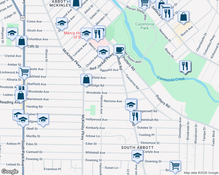 map of restaurants, bars, coffee shops, grocery stores, and more near 78 Coolidge Road in Buffalo