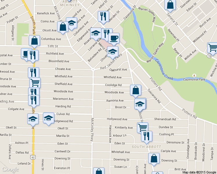 map of restaurants, bars, coffee shops, grocery stores, and more near 38 Coolidge Road in Buffalo