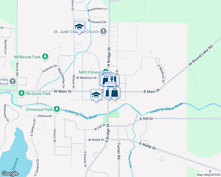 map of restaurants, bars, coffee shops, grocery stores, and more near 116 North Bridge Street in DeWitt
