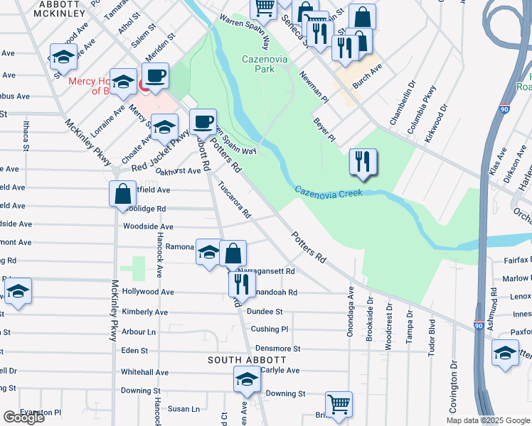 map of restaurants, bars, coffee shops, grocery stores, and more near 198 Potters Road in Buffalo