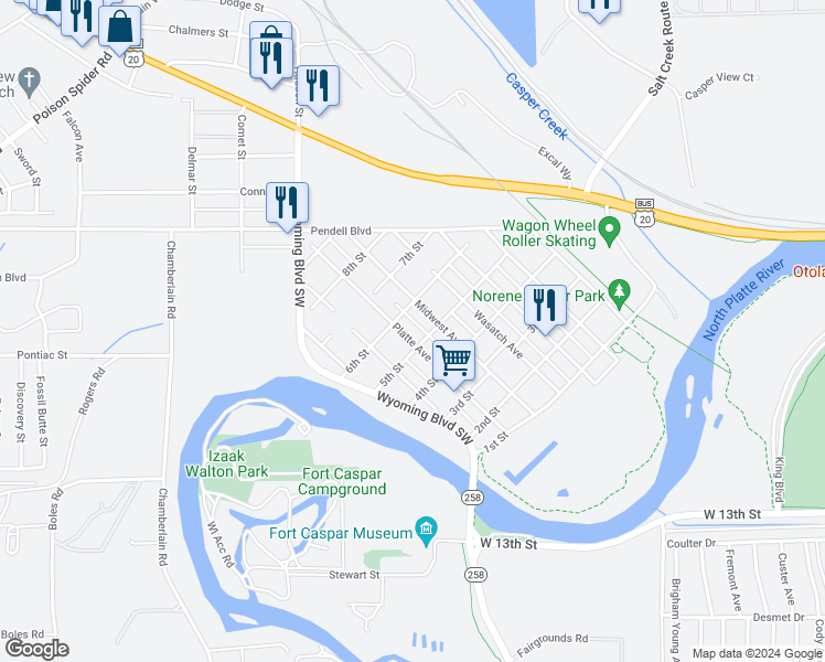 map of restaurants, bars, coffee shops, grocery stores, and more near 514 Platte Avenue in Mills