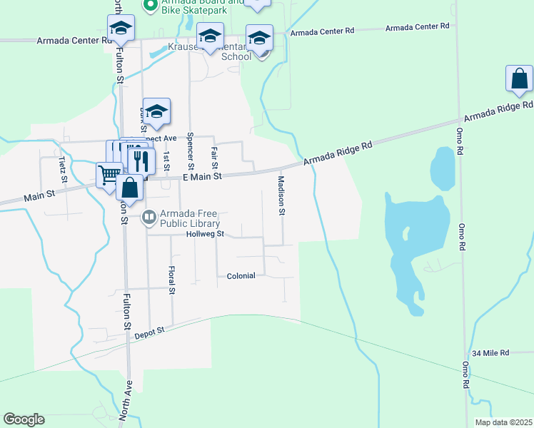map of restaurants, bars, coffee shops, grocery stores, and more near 73970 Jefferson Lane in Armada