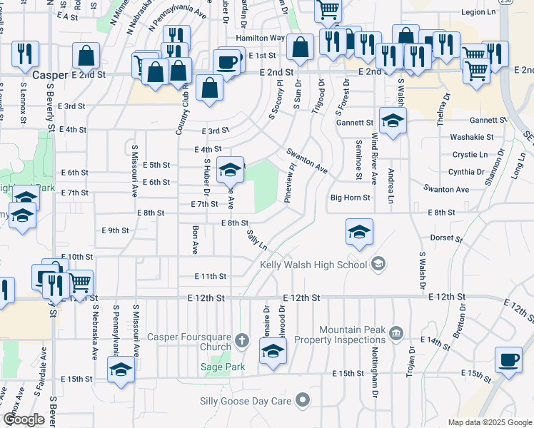 map of restaurants, bars, coffee shops, grocery stores, and more near 3118 East 8th Street in Casper