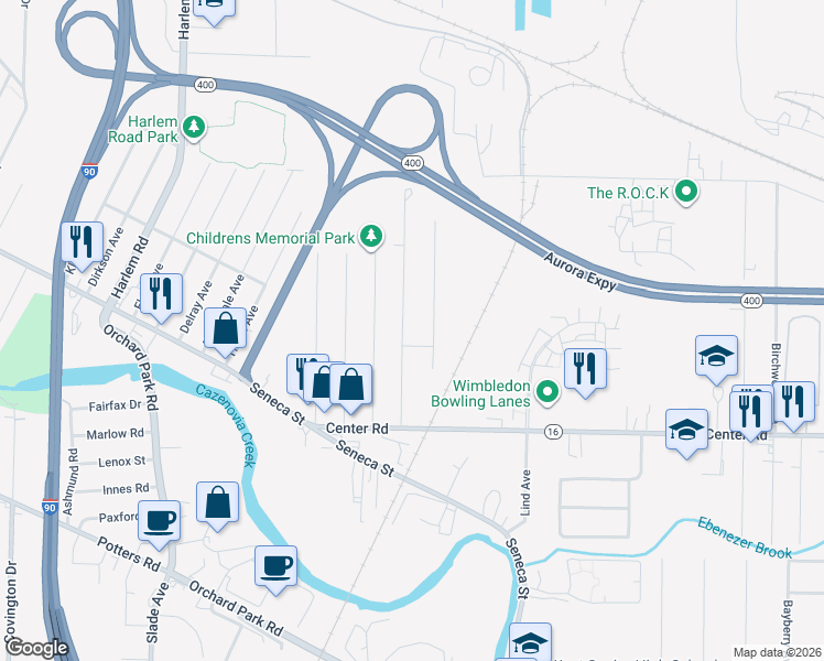 map of restaurants, bars, coffee shops, grocery stores, and more near 74 Cambridge Avenue in West Seneca