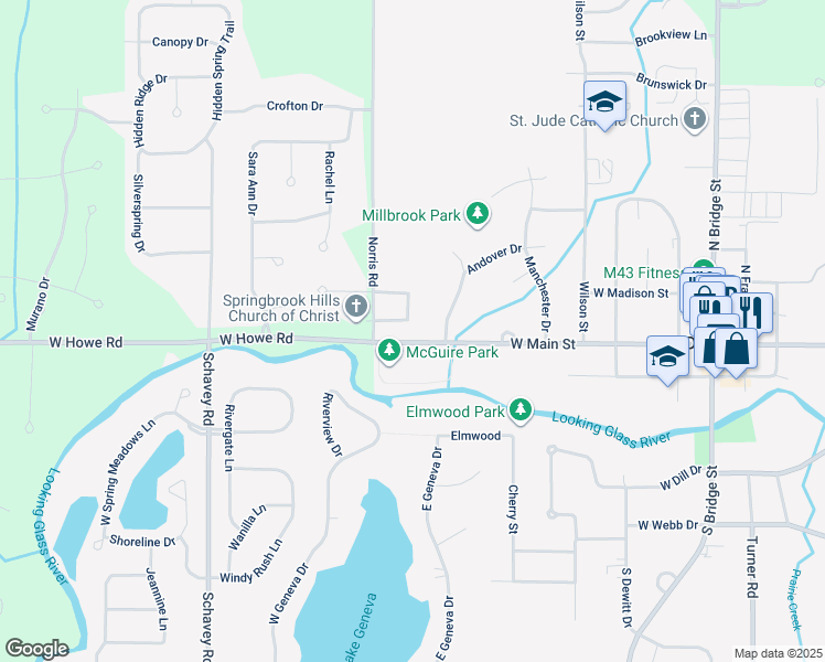 map of restaurants, bars, coffee shops, grocery stores, and more near 200 East Chimney Hill Drive in DeWitt