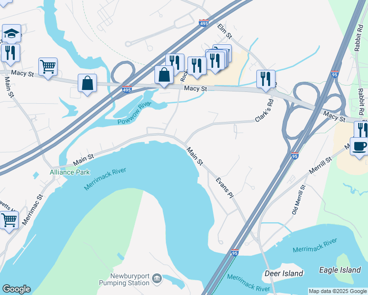 map of restaurants, bars, coffee shops, grocery stores, and more near 1 Clark's Road in Amesbury