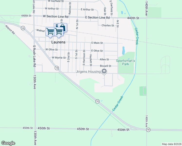 map of restaurants, bars, coffee shops, grocery stores, and more near 352 Hazlett St in Laurens
