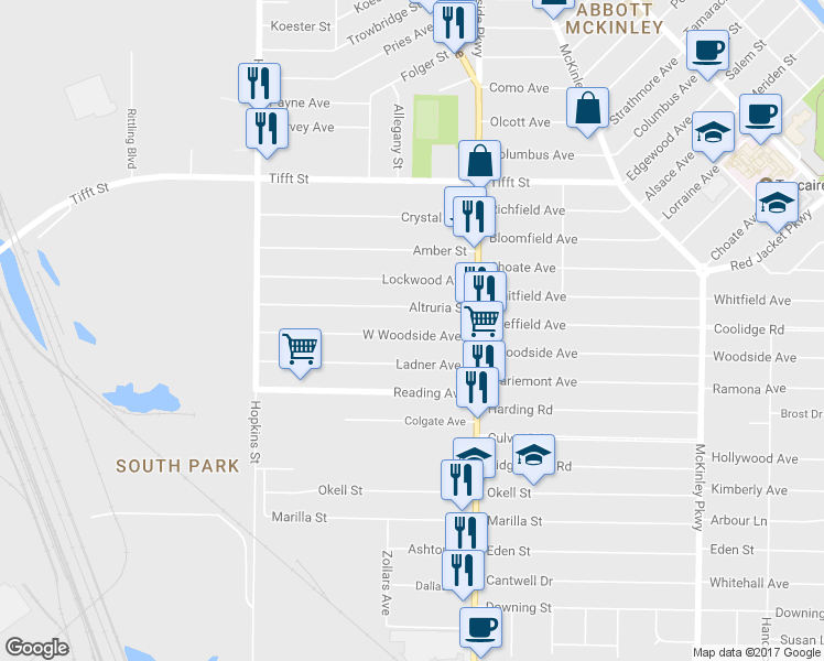 map of restaurants, bars, coffee shops, grocery stores, and more near 162 West Woodside Avenue in Buffalo