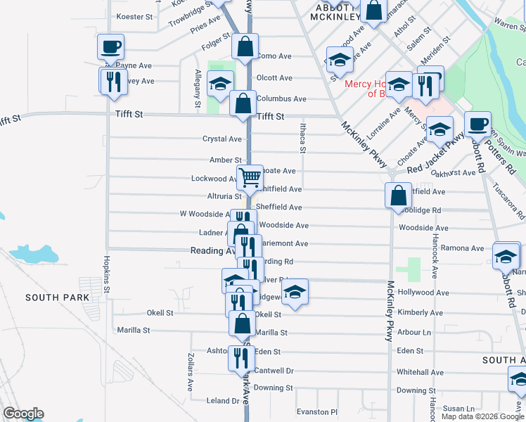 map of restaurants, bars, coffee shops, grocery stores, and more near 19 Sheffield Avenue in Buffalo