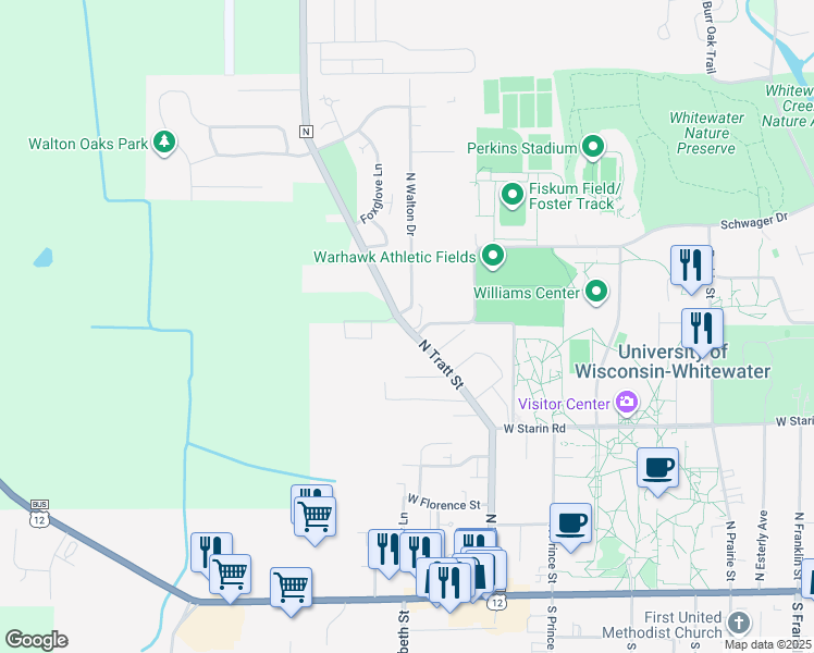 map of restaurants, bars, coffee shops, grocery stores, and more near 500 North Walton Drive in Whitewater