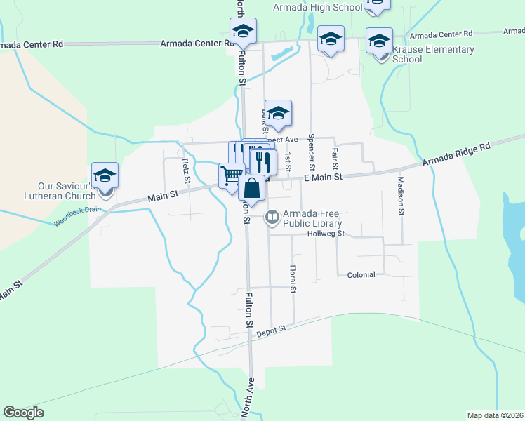 map of restaurants, bars, coffee shops, grocery stores, and more near 74048 Fulton Street in Armada