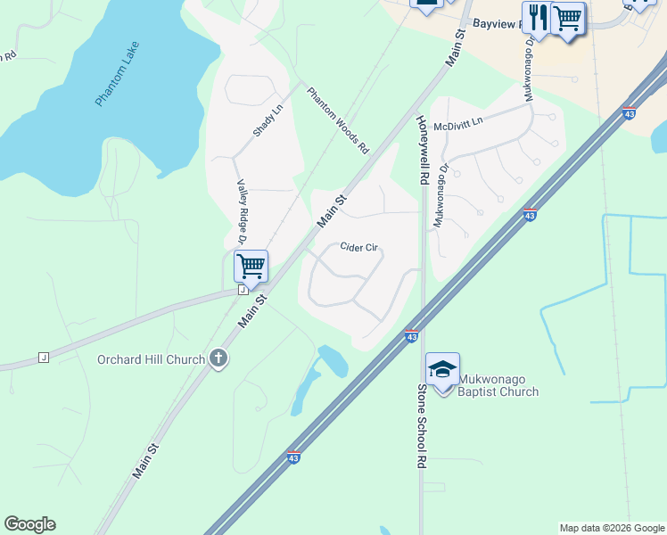 map of restaurants, bars, coffee shops, grocery stores, and more near 1334 Macintosh Way in Mukwonago