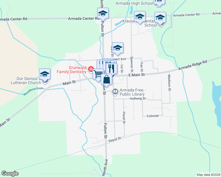 map of restaurants, bars, coffee shops, grocery stores, and more near 74048 Fulton Street in Armada