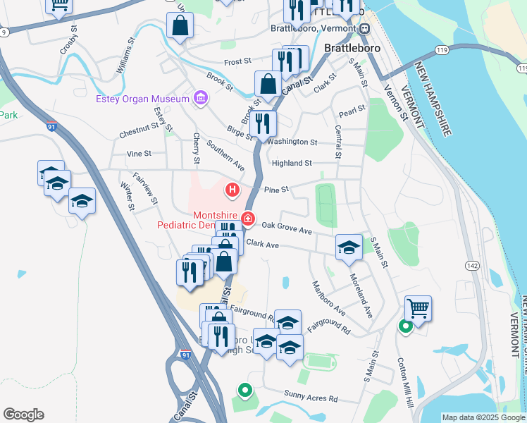 map of restaurants, bars, coffee shops, grocery stores, and more near 187 Oak Grove Avenue in Brattleboro