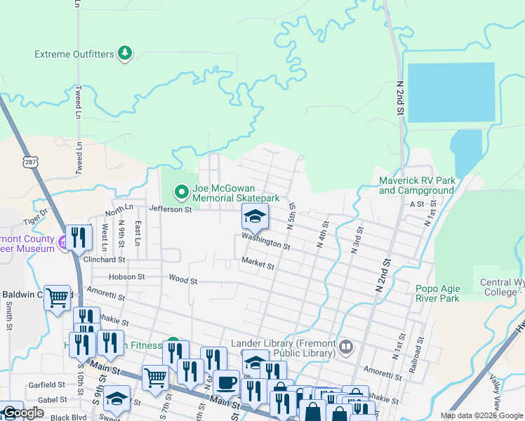 map of restaurants, bars, coffee shops, grocery stores, and more near 560 Jefferson Street in Lander