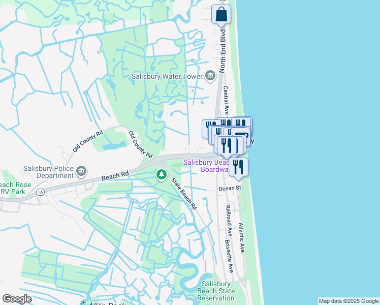 map of restaurants, bars, coffee shops, grocery stores, and more near 223 Beach Road in Salisbury