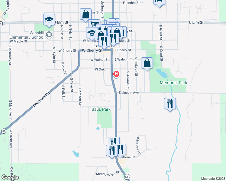map of restaurants, bars, coffee shops, grocery stores, and more near 611 South Madison Street in Lancaster