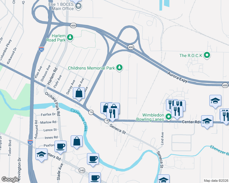 map of restaurants, bars, coffee shops, grocery stores, and more near 111 Briarwood Drive in Buffalo