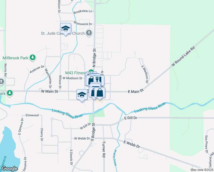 map of restaurants, bars, coffee shops, grocery stores, and more near 210 East Jefferson Street in DeWitt