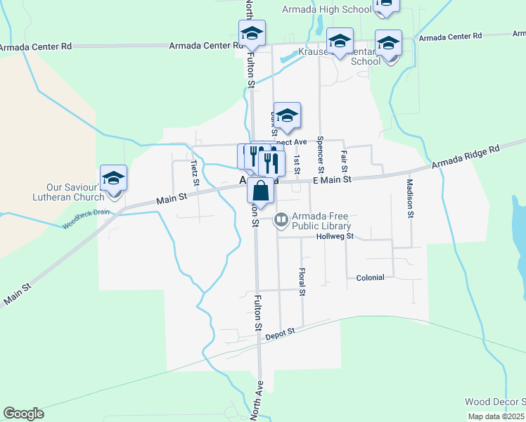 map of restaurants, bars, coffee shops, grocery stores, and more near 74048 Fulton Street in Armada