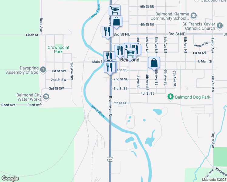 map of restaurants, bars, coffee shops, grocery stores, and more near 403 River Avenue South in Belmond