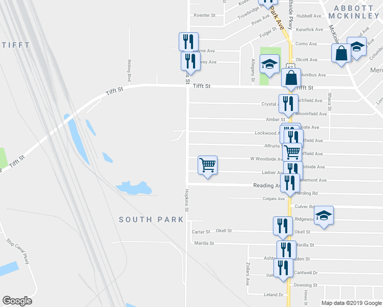 map of restaurants, bars, coffee shops, grocery stores, and more near 153 Hopkins Street in Buffalo