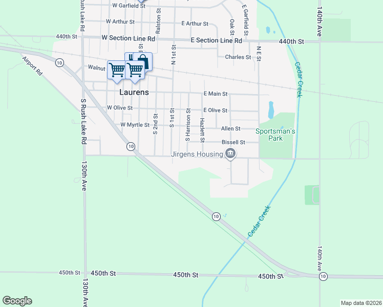 map of restaurants, bars, coffee shops, grocery stores, and more near 340-352 Hazlett St in Laurens