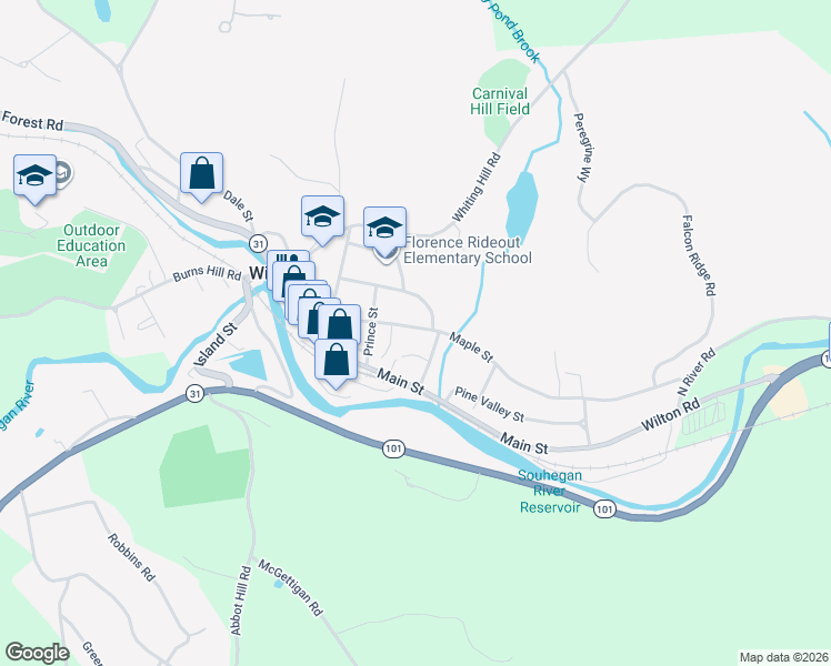 map of restaurants, bars, coffee shops, grocery stores, and more near 57 Maple Street in Wilton