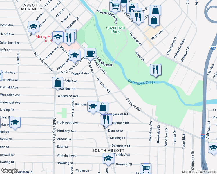 map of restaurants, bars, coffee shops, grocery stores, and more near 82 Tuscarora Road in Buffalo