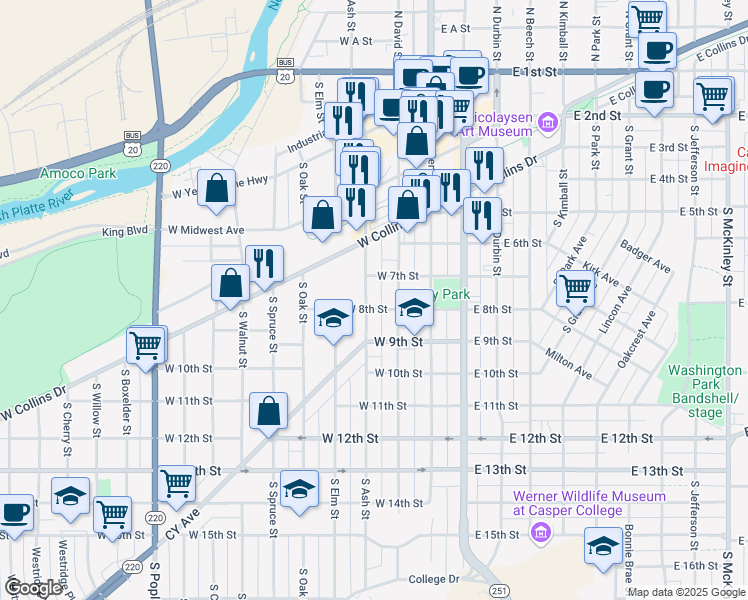 map of restaurants, bars, coffee shops, grocery stores, and more near 725 South Ash Street in Casper