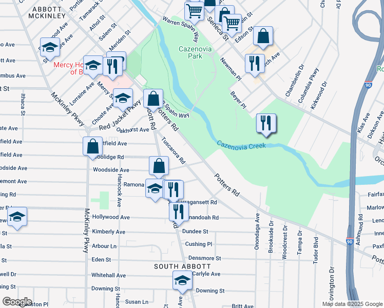 map of restaurants, bars, coffee shops, grocery stores, and more near 82 Tuscarora Road in Buffalo