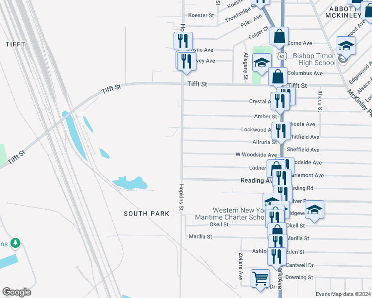 map of restaurants, bars, coffee shops, grocery stores, and more near 153 Hopkins Street in Buffalo