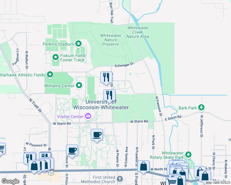 map of restaurants, bars, coffee shops, grocery stores, and more near 471 Prairie St in Whitewater